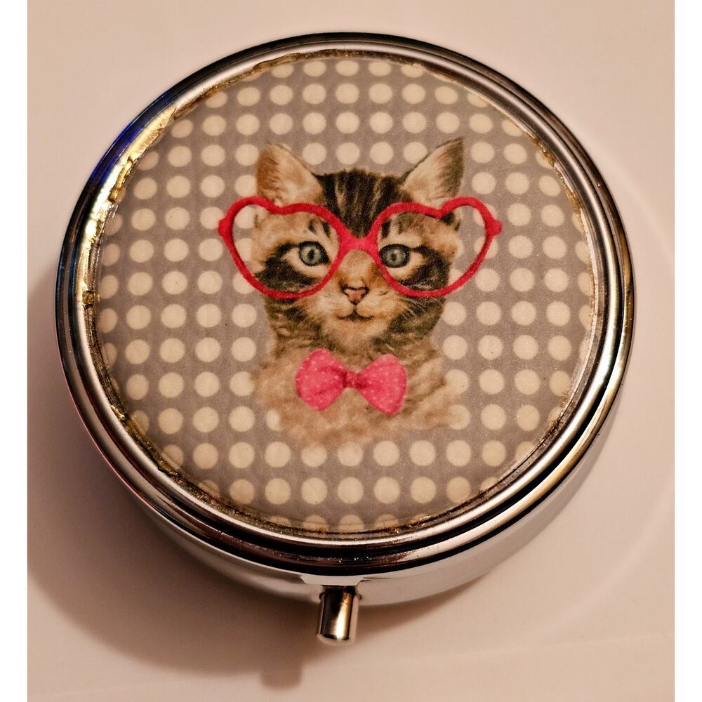Kitty Kitten Wearing Pink Glasses Bow Tie Pill Box Hancock Fabrics Vintage